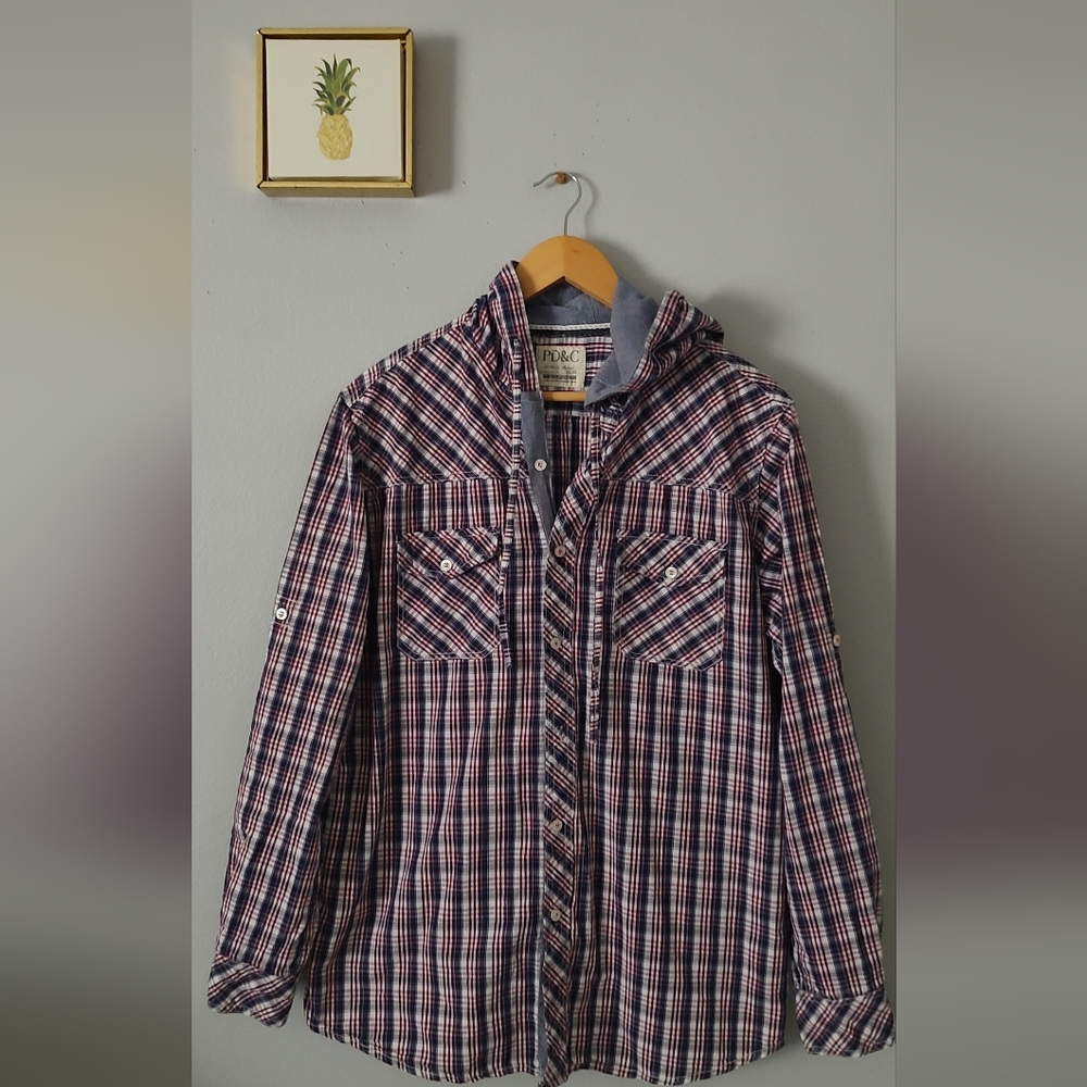 Shirt Long Sleeve PD&C With Hoodie Size Large Button Front Pockets Good Conditio